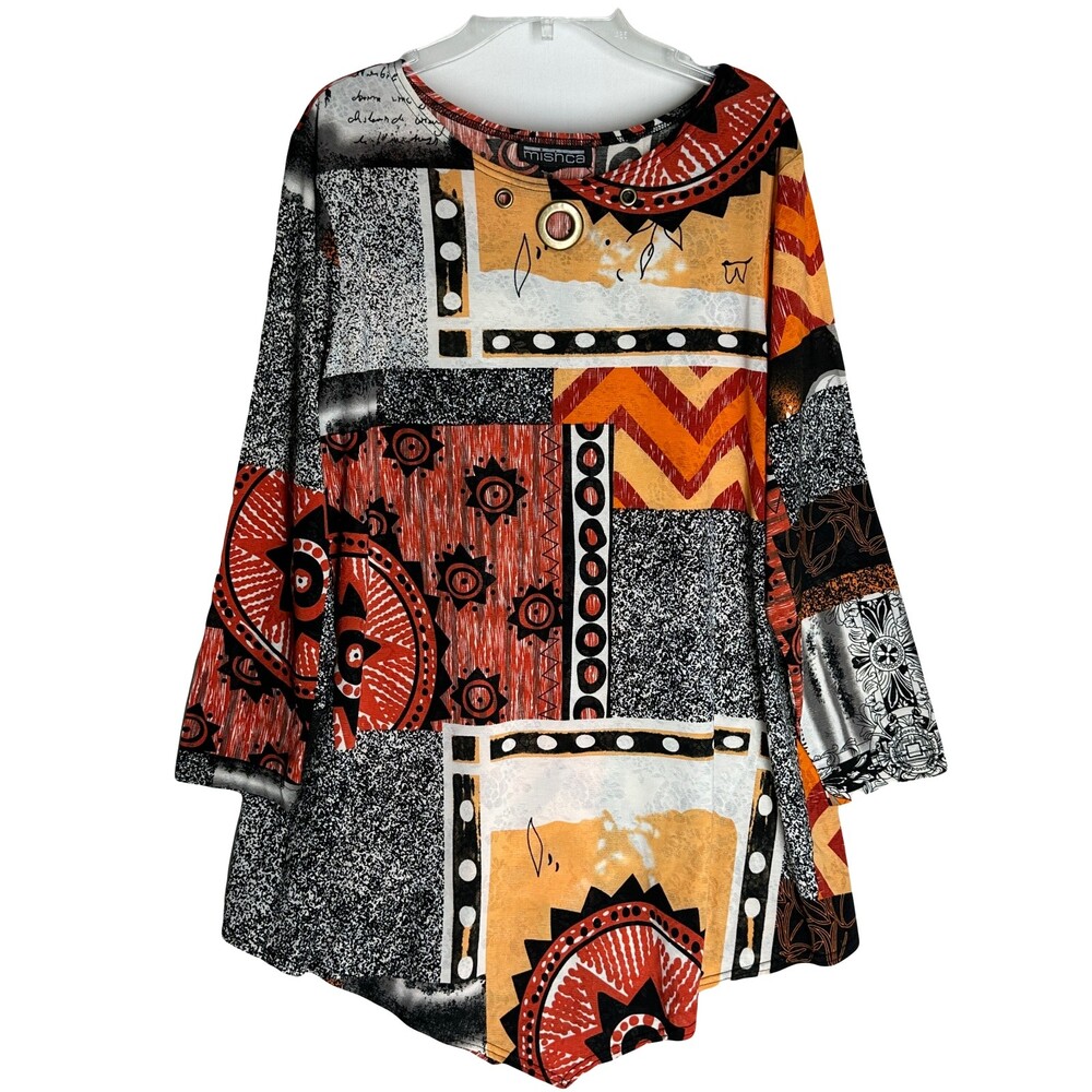 MISHCA Tunic Top Blouse Size L Modern Art Art To Wear Mixed Print Long Sleeves